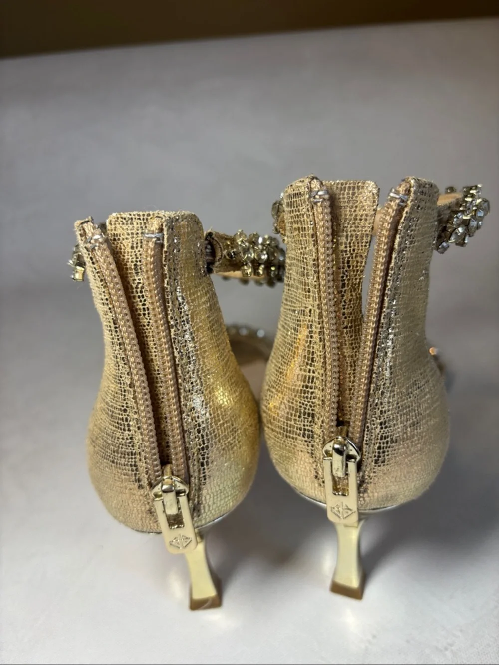ANTONIO MELANI Gold Rhinestone Ankle-Strap Heels, size 7.5